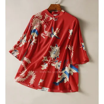 Tradičný Čínsky Štýl, Červená Vintage Cheongsam Topy Ženy Módne Retro Žeriav Tlač Qipao Dlhý Rukáv Košele Orientálne Oblečenie