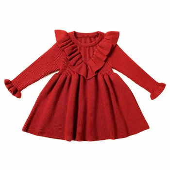 Kojenecká Dievčatá sveter pletené šaty novorodenca solid farba vlny klesnutie tričko dievčatko deti červená princezná šaty pre Nové Áno