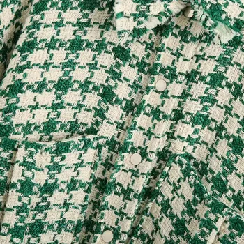 ZRN Ženy Vintage Zelené Biele Kockované Nadrozmerná Tweed Bunda Houndstooth Kabát Dlhý Rukáv Voľné Bežné Dlho Skontrolovať vrchné oblečenie Top