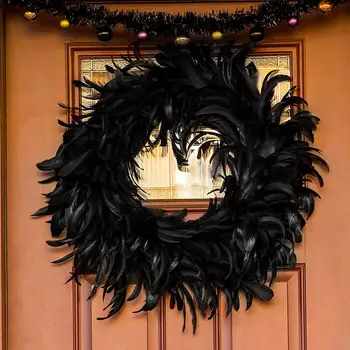 Prírodné Perie Veniec Strašidelné Scény Halloween Black garland dvere dekorácie Dekorácie