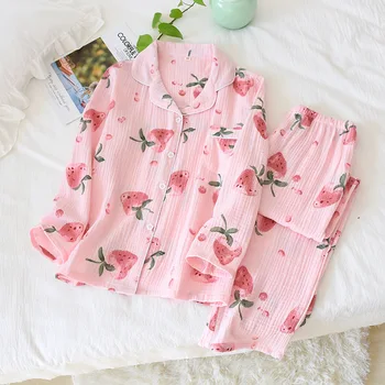 Japonský sladké krep bavlnené pyžamá sady ženy sleepwear čistej bavlny jar Čerstvé dlhý rukáv ženy pyžamá