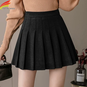 Nové 2020 Jeseň Zima Vlnené Skladaný Mini Sukne Pre Ženy Bežné Pevné Vysoký Pás Riadok Sukňa S Podšívkou Čierna Šedá Sukne