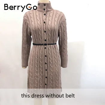 BerryGo Bežné stojan golier ženy pletené šaty Jeseň zima dlhý rukáv tlačidlo šaty High street style ženské šaty, sveter