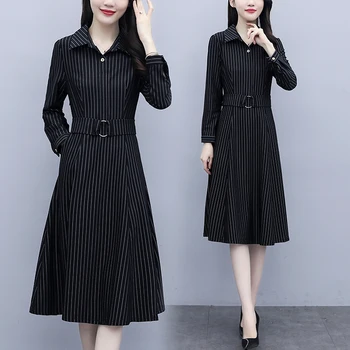 2021 Čierna Vintage Prekladané Office Lady Midi Šaty Jar Bežné Pevné 3XL Plus Veľkosť Šaty Elegantné Ženy Bodycon Strany Vestidos