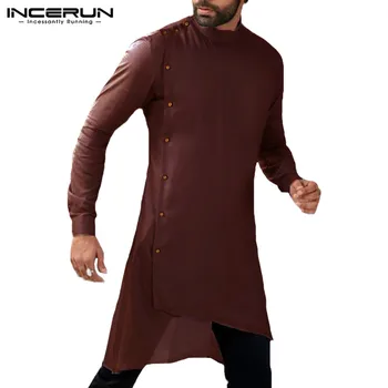 INCERUN 2021 Mužov Tričko Dlhý Rukáv Tlačidlo Islamskej Arabských Tričko Moslimské Oblečenie Mužov Nepravidelný Lem Pevné Ležérne Košele Mužov Oblek