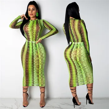2020 Ženy Strany Klubu Šaty Letné Sexy Úplnej Obväz Bodycon Šaty S Dlhým Rukávom Neon Zelená Hada Tlače Transparentné Oka Šaty