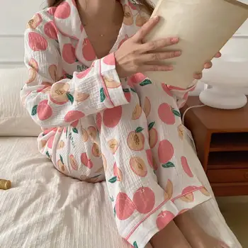 Cudzie Kitty Sweet Bežné Kórejský Jeseň Voľné Dlhý Rukáv Fashion Nohavice 2020 Dámske Domáce Oblečenie Broskyňa Vytlačené Ovocné Pyžamo Nastaviť