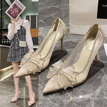 Nové bowknot Vysokým Podpätkom Ženy Sandále Ukázal Prst Čipky Tkaných Sandále, Topánky Vintage Päty Ženy Sandále Módne svadobné podpätky