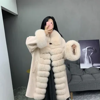 Nové Módne 2020 Reálny Líška Srsť Srsť WoolCashmere Zmesi Vrchné Oblečenie Zimné Bundy Ženy Hom Tlačidlo Vetrovka Streetwear Bežné Teplé
