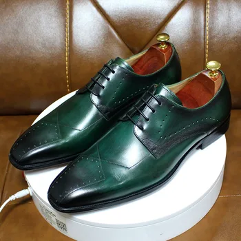 FELIX CHU Luxusné Pánske Šaty Topánky pravej Kože Prízvukom Derby Topánky pre Mužov Zelená Čierna Čipka Business Formálne Svadobné Topánky