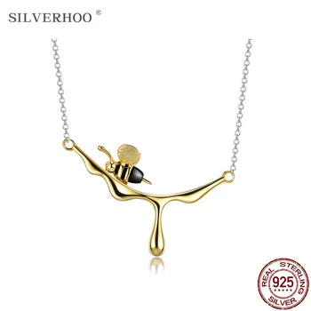 SILVERHOO Reálne 925 Sterling Silver Náhrdelníky Pre Ženy, Zlatá Farba Bee A Odkvapkávanie Med Prívesok Náhrdelník Ručné Jemné Šperky