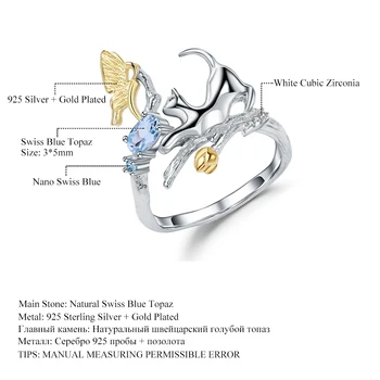 GEM BALET 0.29 Ct Swiss Natural Blue Topaz Cat & Amor Krúžky 925 Sterling Silver Ručne Nastaviteľný Krúžok pre Ženy Bijoux