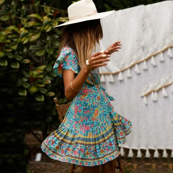 Jastie tyrkysové multi Vytlačené Mini Šaty Boho tvaru zábal Šaty Žien Bežné Prehrabať Hippie Plážové Šaty Žena Vestidos 2020