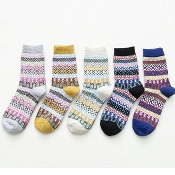 5Pairs/veľa Nových Witner Hrubé Teplé Vlny Ženy Ponožky Snehu Vzor Vintage Vianočné Ponožky Farebné Ponožky Darček Zdarma veľkosť YM7016