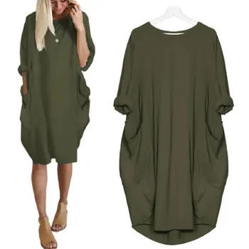 Ženy, Midi Šaty Dlhé Topy Pevné Vrecku Voľné Bežné T-shirt Long Sleeve Streetwear Veľká Pláž Boho Šaty Plus Veľkosť
