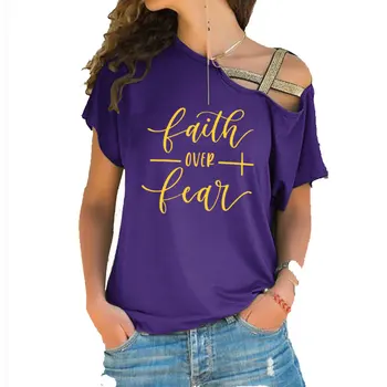 Viera v Priebehu Strach Žien T-shirts Lete femme bavlna Nepravidelný Skosenie Kríž Obväz Topy