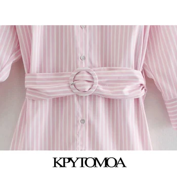 KPYTOMOA Ženy 2020 Elegantný Módny Pás Prekladané Voľné Mini Tričko Šaty Vintage Tri Štvrtiny Rukáv Ženské Šaty Mujer