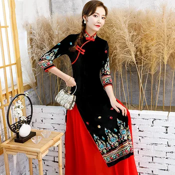 Čierne Velúrové Plus Veľkosť 5XL Čínsky Vintage Lady Qipao Módne Ručné Tlačidlo Cheongsam Novinka Čínskej Formálne Šaty