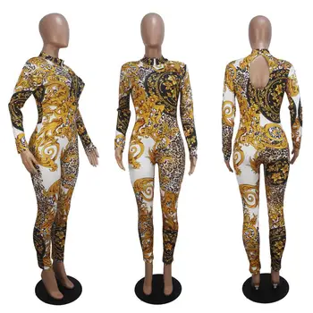 2019 nové ženy stojí krku zlaté kvetinový paisley vintage vytlačené otvorte zadný sexy chudá bodycon jumpsuit remienky oblečenie D9090